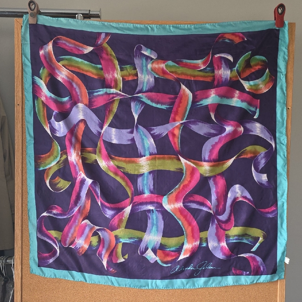 Alvilda Galan Pure Silk Scarf Abstract Ribbon Art Print Multicolor 34” Square